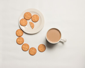 flat lay coffee with cookies in white background