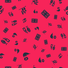 Set Smoking pipe, England flag on flagpole, Fish chips and Flag of Great Britain on seamless pattern. Vector