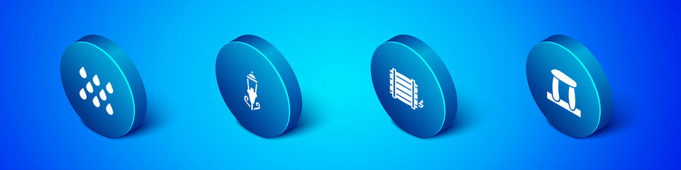 Set Isometric Water drop, Wooden barrel, Stonehenge and Vintage street light icon. Vector