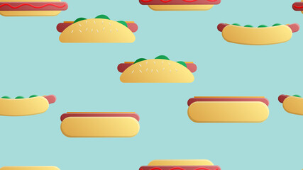 Seamless endless pattern of assorted delicious satisfying hot hot dogs, fast food on a blue background. Texture