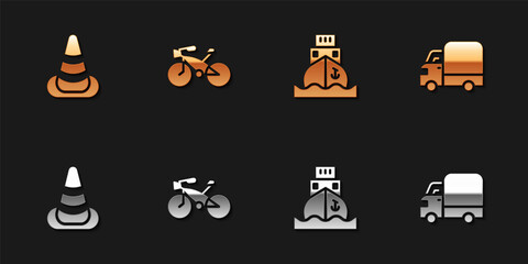Set Traffic cone, Bicycle, Cargo ship and Delivery cargo truck icon. Vector