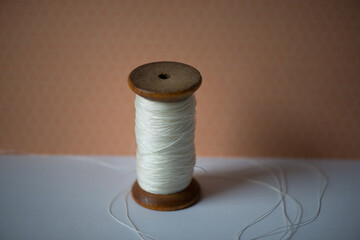 isolated wood spool of thin nylon thread