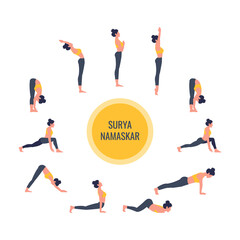 Woman practice yoga surya namaskar. Sun salutation vector illustration
