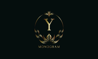 Vintage gorgeous royal monogram with letter Y on a dark background. Exquisite golden floral logo for business, restaurant, boutique, cafe, hotel, etc.
