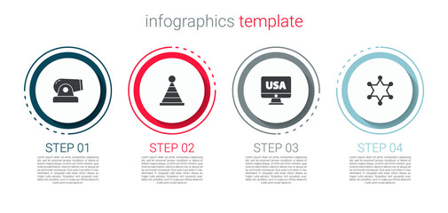 Set Cannon, Party hat, USA monitor and Hexagram sheriff. Business infographic template. Vector