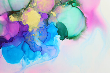 art photography of abstract fluid painting with alcohol ink, blue, green, pink and gold colors