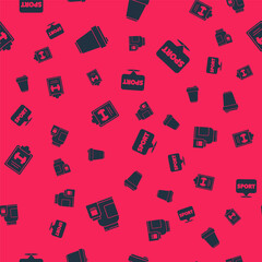 Set Sports nutrition, Fitness shaker, training program and Location gym on seamless pattern. Vector