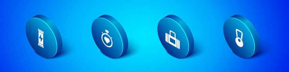 Set Isometric Sports nutrition, bag, Kettlebell and Heart in the center stopwatch icon. Vector