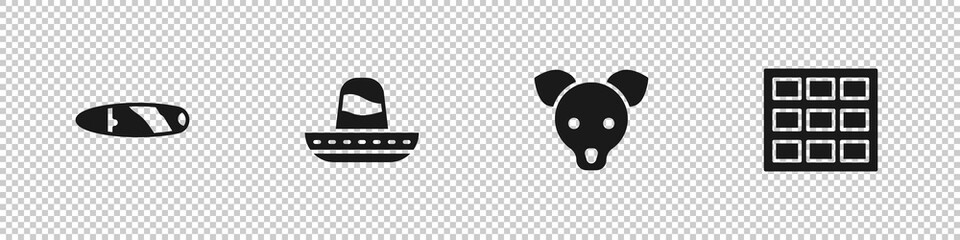 Set Cigar, Mexican sombrero, Dog and Chocolate bar icon. Vector