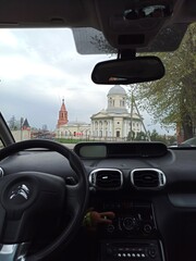 trip travel across Russia, view of the temple behind the wheel