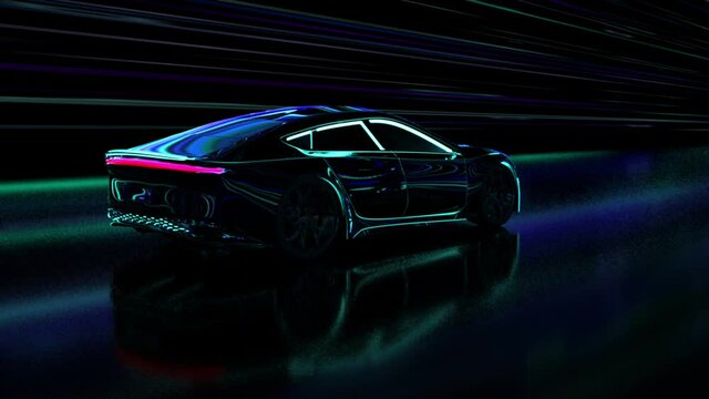 The prototype of a sports supercar drives through an undefined space. Fast car driving in a tunnel, information flow, artificial intelligence drives a car in a neon style.