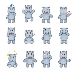 Cute hippo emoticons showing various emotions. Hippopotamus mascot thinking, angry, crying, in love, sleeping and showing other expressions. Modern vector illustration