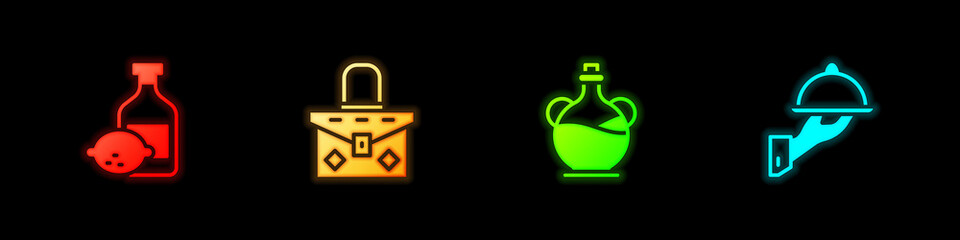 Set Limoncello bottle, Handbag, Bottle of olive oil and Covered with tray food icon. Vector