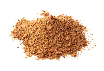 pile of nutmeg powder closeup on white