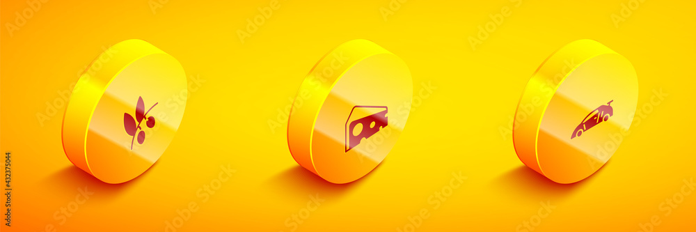 Wall mural Set Isometric Olives branch, Cheese and Sport racing car icon. Vector