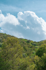 Scenery View of old houses, mountains and fields from the Aures region in Algeria