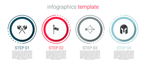 Set Crossed medieval axes, Medieval spear, bow and arrow and iron helmet. Business infographic template. Vector