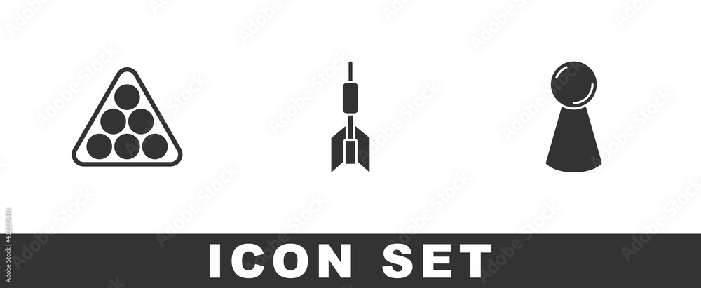 Poster set billiard balls in triangle, dart arrow and chip for board game icon. vector