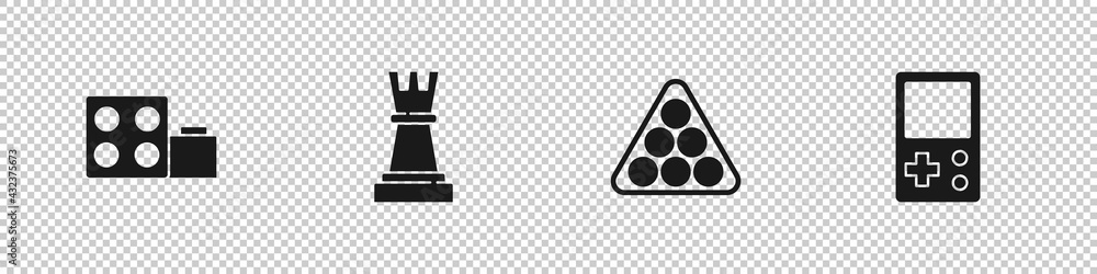 Poster set toy building block bricks, chess, billiard balls triangle and tetris icon. vector