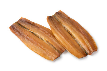 Pair of Kippers, fillet smoked herring,  isolated on white background 