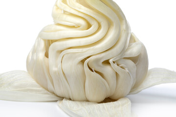 Structure of the inside of a fresh raw whole garlic bulb close up on white background   