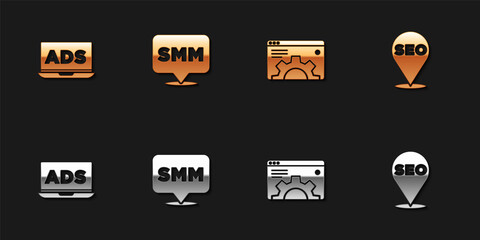 Set Advertising, Social media marketing, Browser setting and SEO optimization icon. Vector