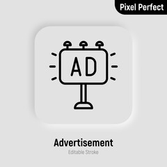 Advertisement thin line icon. Billboard. Pixel perfect, editable stroke. Vector illustration.