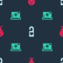 Set Wedding rings, Please do not disturb and Photo camera on seamless pattern. Vector