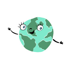 Vector illustration with planet Earth, isolated hand-drawn, free hand, ink. The earth smiles with eyes, mouth and hands. Childrens cartoon flat simple print, poster, postcard. Earth Day. Bright, green