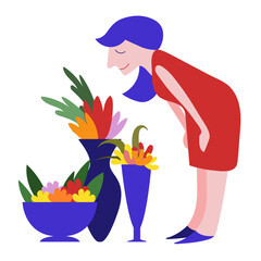 Vector flat isolated illustration of lady in red dress sniffing flowers.Woman and three big vases of colored flower.Modern flat design.Person enjoys the plant.Web design,prints,decoration,advertising