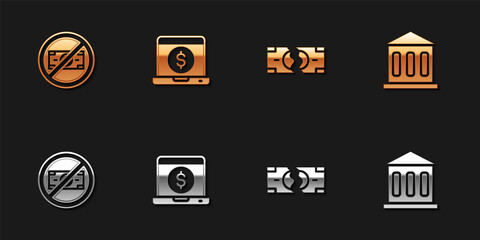 Set No money, Laptop with dollar, Tearing banknote and Bank building icon. Vector