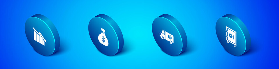 Set Isometric Financial growth decrease, Armored truck, Safe and Money bag icon. Vector