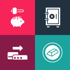 Fototapeta premium Set pop art Gold bars, Pos terminal, Safe and Piggy bank and hammer icon. Vector