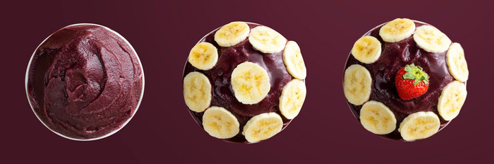 Açai, set of Brazilian frozen açai berry ice cream bowl. Top view. Isolated on purple background
