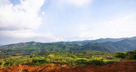 Naklejka premium Beautiful view of local valley and mountain in misty near Bao Loc city, Lam Dong province, Vietnam