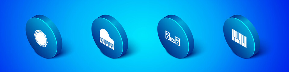 Set Isometric Dial knob level, Home stereo, Grand piano and icon. Vector