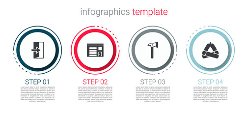 Set Fire exit, Building of fire station, Firefighter axe and Campfire. Business infographic template. Vector
