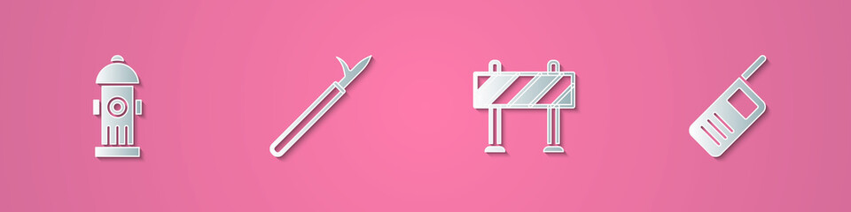 Set paper cut Fire hydrant, Metal pike pole, Road barrier and Walkie talkie icon. Paper art style. Vector