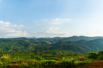 Obraz premium Beautiful view of local valley and mountain in misty near Bao Loc city, Lam Dong province, Vietnam