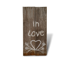 Wooden with text IN LOVE isolated on white background. This has clipping path.    