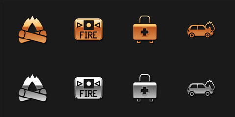 Set Campfire, Fire alarm system, First aid kit and Burning car icon. Vector