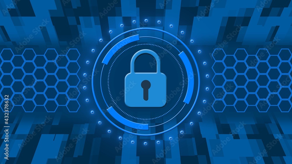 Poster Cyber security concept - closed padlock in hud elements - abstract background of honeycomb and rectangle elements - 3D Illustration