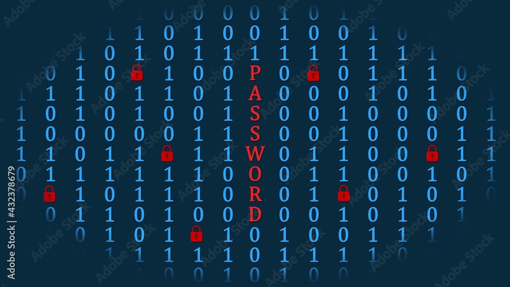 Poster information technology concept - password lettering inside binary code in random assembly - 3d illus