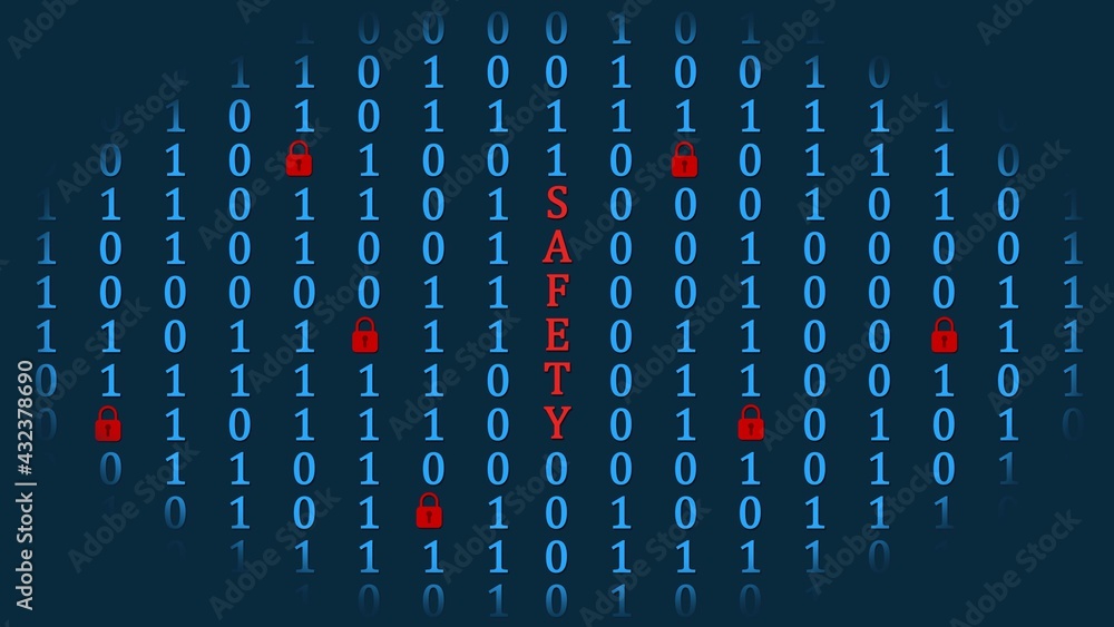 Poster information technology concept - safety lettering inside binary code in random assembly - 3d illustr