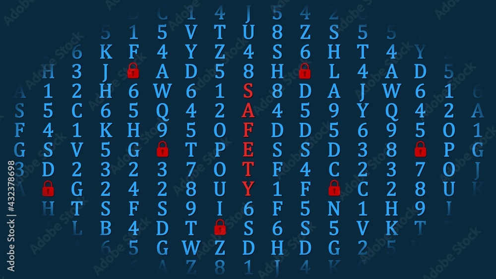 Poster information technology concept - safety lettering inside machine code in random assembly - 3d illust