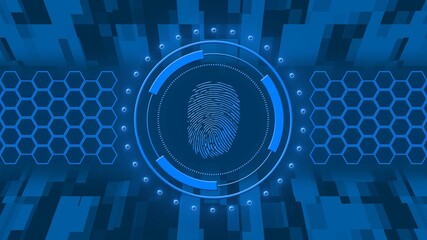 Cyber security concept - fingerprint logo in hud elements - abstract background of honeycomb and rectangle elements - 3D Illustration