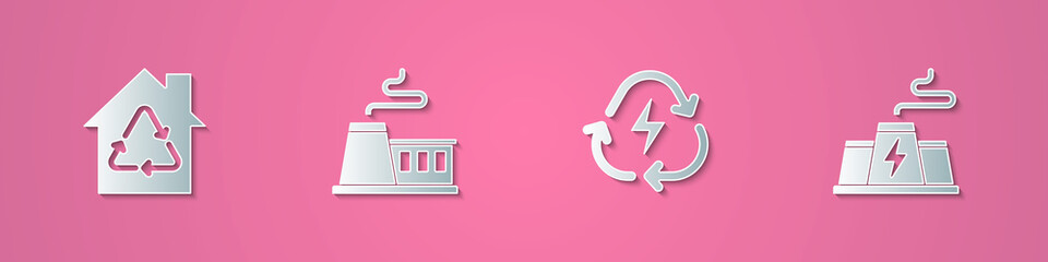 Set paper cut Eco House with recycling, Factory, Battery recycle and Power station plant factory icon. Paper art style. Vector