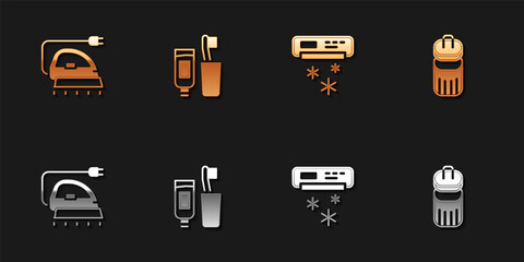 Set Electric iron, Toothbrush and toothpaste, Air conditioner and Trash can icon. Vector
