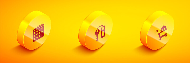 Set Isometric Hotel booking calendar, door lock key and Covered with tray icon. Vector