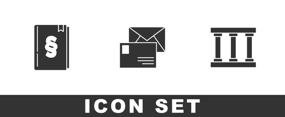 Set Law book, Envelope and Prison window icon. Vector